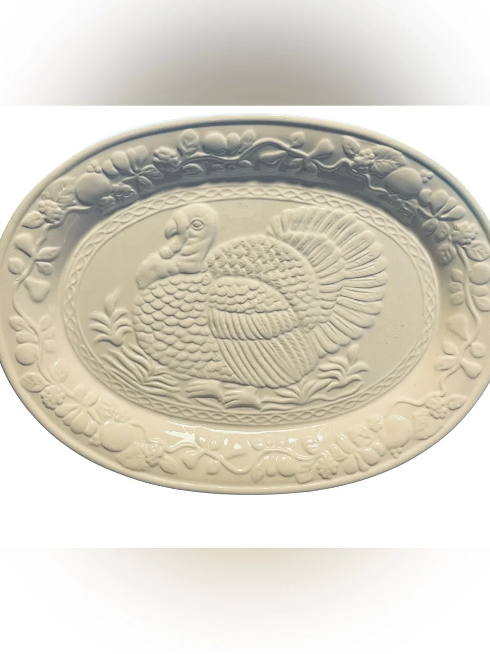 Embossed Cream Ceramic Turkey Serving Platter - Classic Holiday Serveware